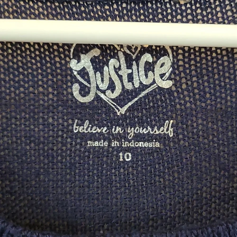 Justice Navy Blue Spring Lightweight Sweater Glitter Medallion Tab Sleeves Sz 10